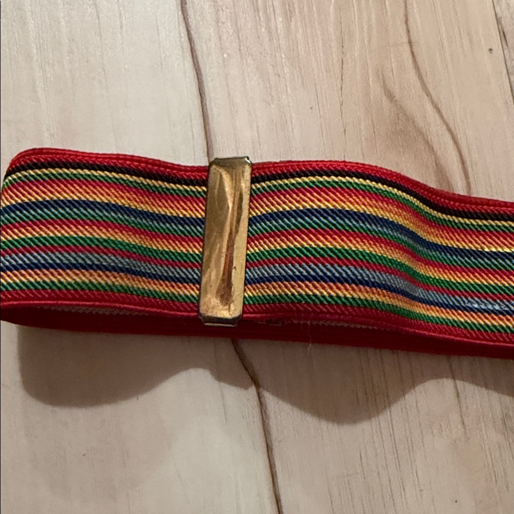 Vtg Gold-Tone Red Multi-Stripe Elastic Waist Belt, Sz Sm/Med - Picture 3 of 7